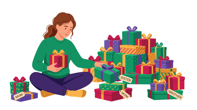 Young woman sits on the floor surrounded by a large pile of colorful wrapped gift boxes, carefully organizing presents for family members.