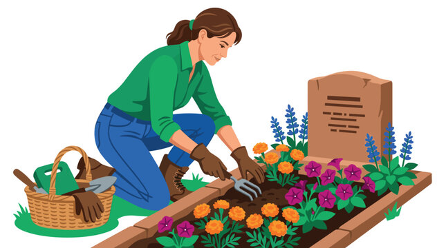 Woman gardener carefully plants colorful flowers around a memorial stone, showing dedication and remembrance in a peaceful outdoor setting.
