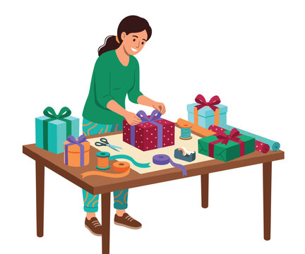 Smiling young woman carefully wraps a beautiful gift box with ribbon and bow on a wooden table filled with various colorful presents and craft supplies.