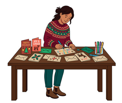Woman writing Christmas cards at a wooden table, diligently preparing festive holiday greetings with colorful markers and envelopes.