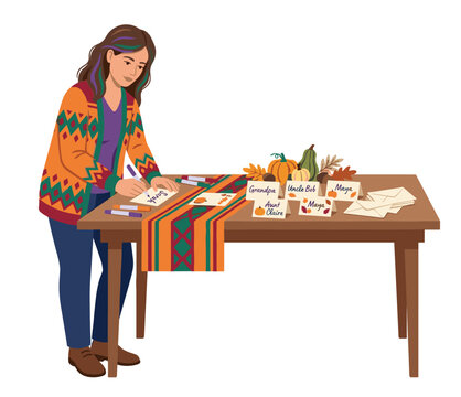Young woman writing name cards for a festive autumn dinner gathering, meticulously preparing personalized seating arrangements for guests at the decorated table.