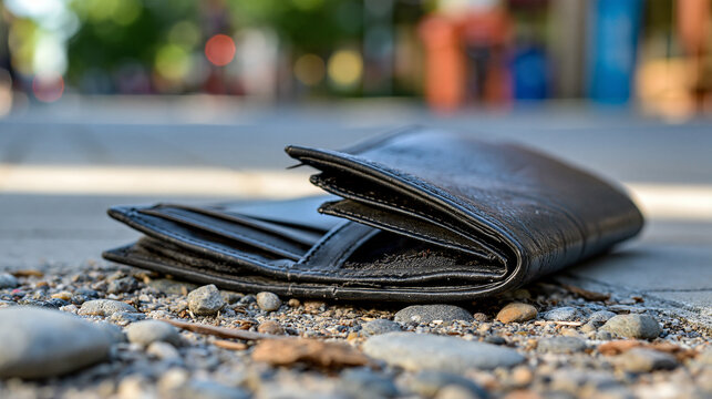 Close-up of a worn wallet lying empty on pavement, faceless conceptual shot, financial hardship and unemployment concept, macro documentary photography, defocused street