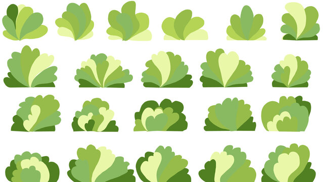 Set of flat vector bush and shrub icons in various green shades, simple grass and plant clumps in multiple shapes isolated on white background