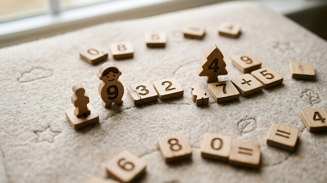Wooden number and symbol tiles arranged for math education on a textured fabric mat