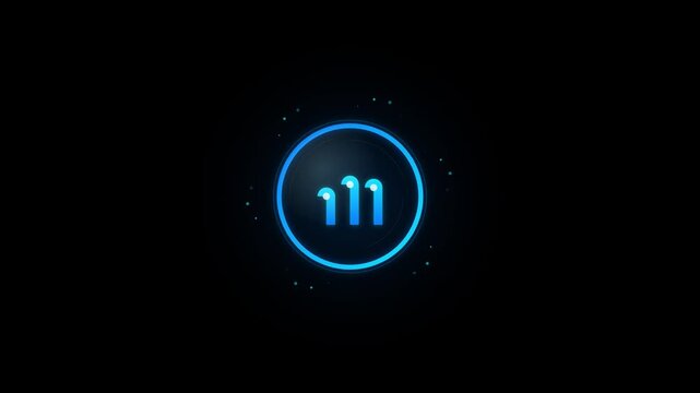 Futuristic abstract circular logo animation with glowing neon blue rings and particles on a dark background, 2K resolution, 169 aspect ratio, 30fps