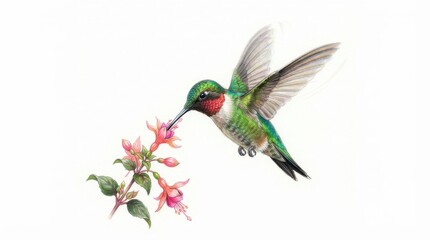 Fototapeta premium Hummingbird feeding on a fuchsia flower illustration