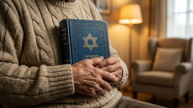 Senior man holding blue book with golden star of david design on cover inside warm cozy living room setting.