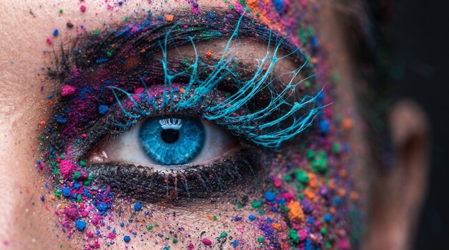 Vibrant human blue eye adorned with long glowing turquoise eyelashes and surrounded by vivid multi colored makeup pigment powder creating striking artistic visual composition photography