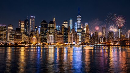 Fototapeta premium City fireworks with bursts behind towers across a river on a dark winter evening, arranged for a seasonal advertising banner