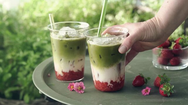 Woman inserts a straw into a layered strawberry matcha latte, picks up the glass and takes it from the table. Fresh homemade iced drink with strawberries in a lush green outdoor setting