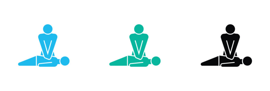 CPR cardiopulmonary resuscitation icon set, emergency first aid, chest compression, life saving technique, medical training, patient safety, black blue, isolated vector graphic