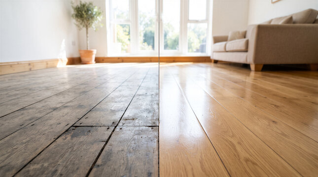 Split view of a room showing old weathered wooden floorboards on the left and newly sanded and polished oak flooring on the right