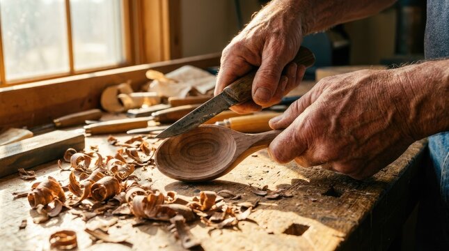 Woodworking Craftsman Carving a Wooden Spoon in Workshop