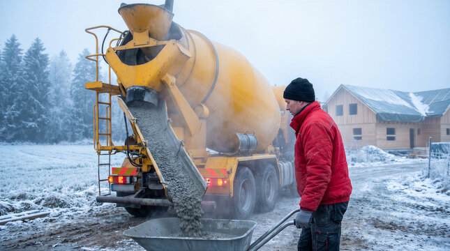 Construction worker pouring wet concrete from a cement mixer truck into a wheelbarrow on a cold winter day at a building site