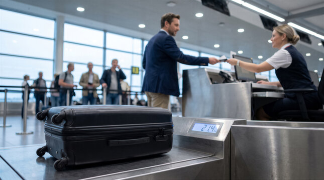 Passenger checking in luggage at airport counter