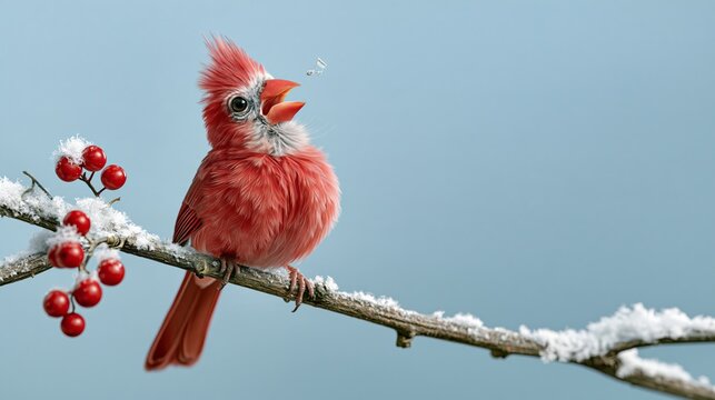 Funny cardinal singing with beak wide open on a snowy branch, a musical note floating out