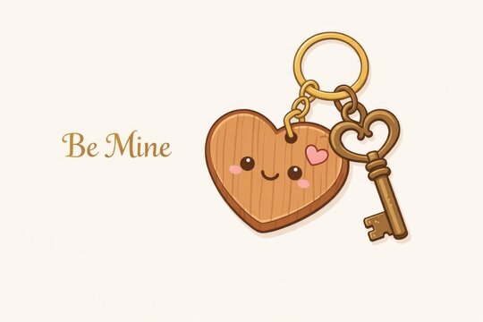 Cute wooden heart keychain with smiling face and vintage key for valentines card and gift tag design