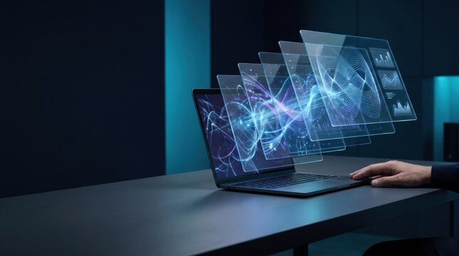 Futuristic laptop displaying holographic data sheets with complex wave patterns for advanced digital analysis.