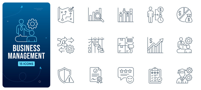 Business Management Line Icons Set Featuring Strategy Analysis Financial Growth and Risk Control