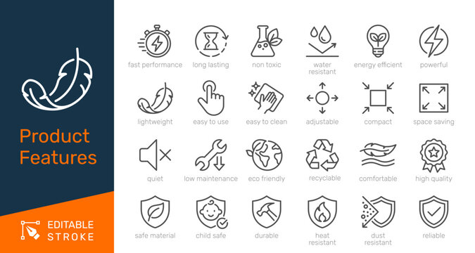 Product features thin line icon collection for e-commerce property, item specification and quality guarantee concept. Editable stroke. Pixel perfect.