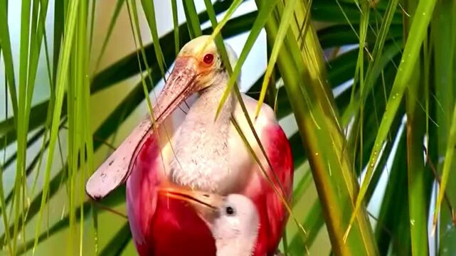 Roseate spoonbill bird feeding its chick in a palm tree nest