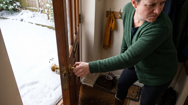Adult woman hesitating at the door during winter snowstorm  