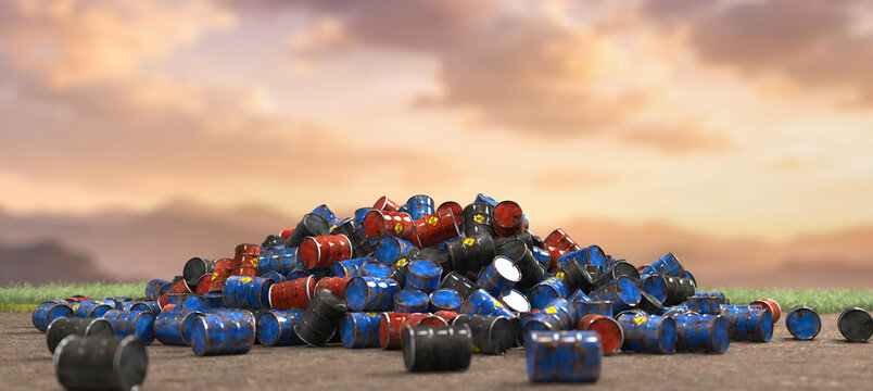 A massive heap of discarded industrial barrels polluting the natural environment.