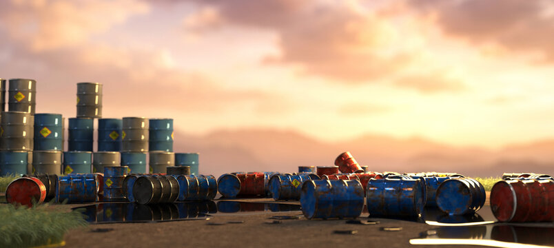 Rusty oil barrels polluting the environment under a dramatic sunset sky in 3d render.