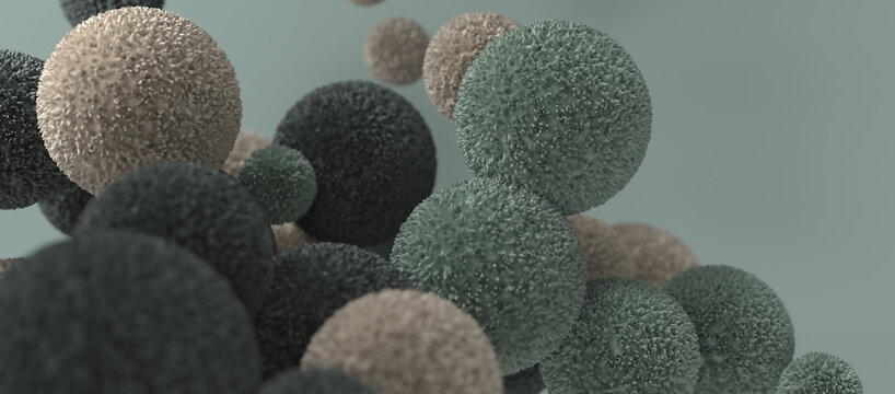 Abstract 3d render of textured spheres in natural muted colors with copy space.