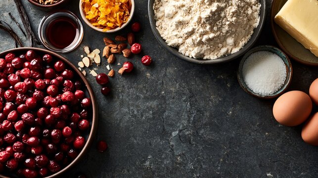 An autumn baking ingredients flat lay featuring fresh cranberries surrounded by orange peel, almond slices, vanilla, flour, sugar, eggs, and butter on a dark stone background