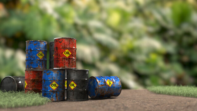 Rusty oil barrels with warning labels stacked on a dirt path in a natural environment.