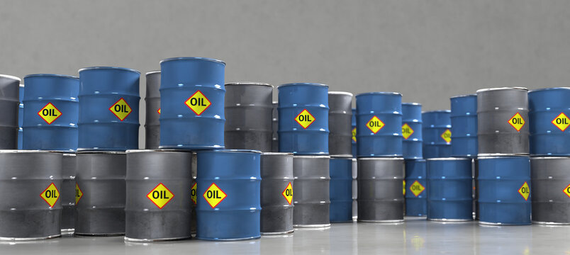 Blue and grey oil barrels with 'oil' labels stacked in a warehouse environment.