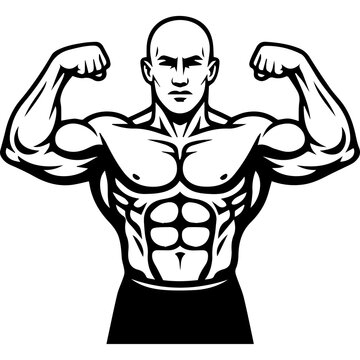 Black and white vector graphic illustration of a strong athlete bodybuilder isolated on white background