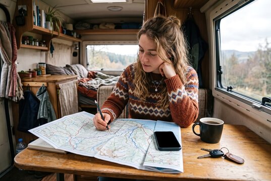 A person is sitting at a wooden table inside a camper van. They are looking at a map and writing notes with a pen. A phone and car keys are on the