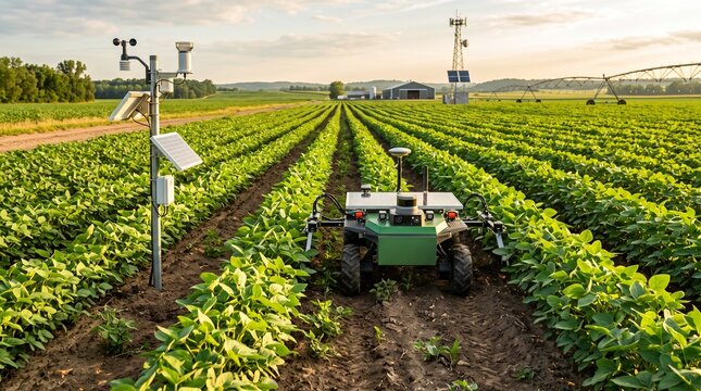 Autonomous agricultural robot monitoring crop growth in a green soybean field next to a smart weather station   