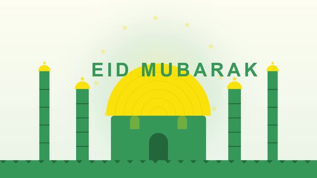 Minimalist green and yellow vector illustration for Eid Mubarak celebration with mosque and minarets