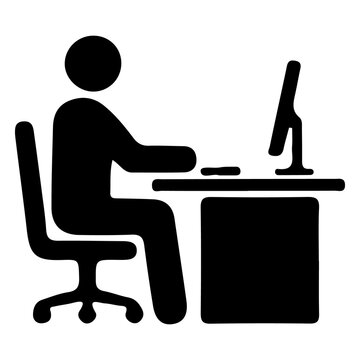 Professional worker using desktop computer icon black silhouette office workplace.