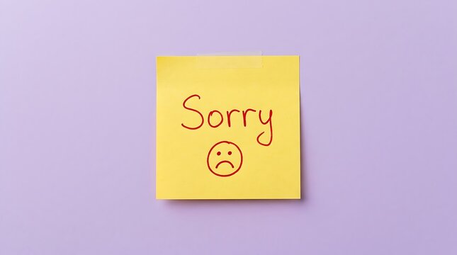 Yellow sticky note with sorry written and a sad face drawing on purple