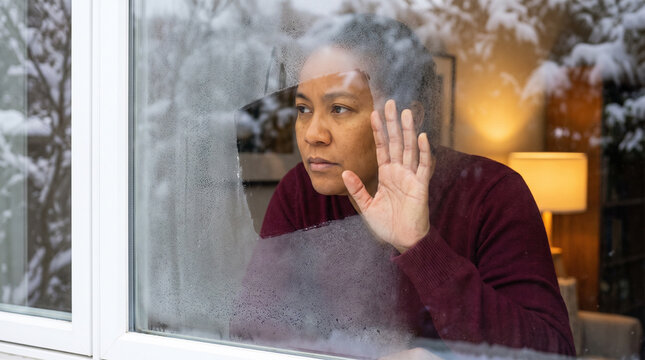 Young woman looking out window sadly while snow falls outside  