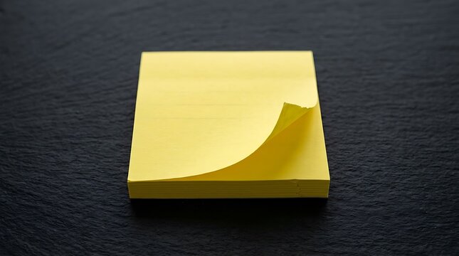 Single yellow sticky note pad with curled corner on dark slate background