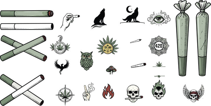 Cannabis Collection and Rolling Formats Vector Set Featuring Dispensary Stencils, Logotypes, Joints, Blunts, and Retro Illustration Elements