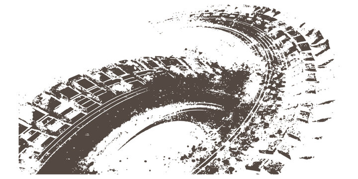 Detailed curved grunge tire track texture background with heavy dirt and mud splatters vector illustration.