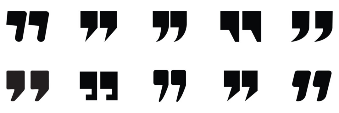 Quotation mark icons in different styles for text. Speech bubbles commas punctuation accents and typographical brackets for blockquotes and citations. eps 10