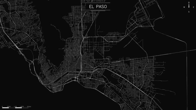 map of El Paso with white lines representing city infrastructure, loopable flowing lights show urban traffic