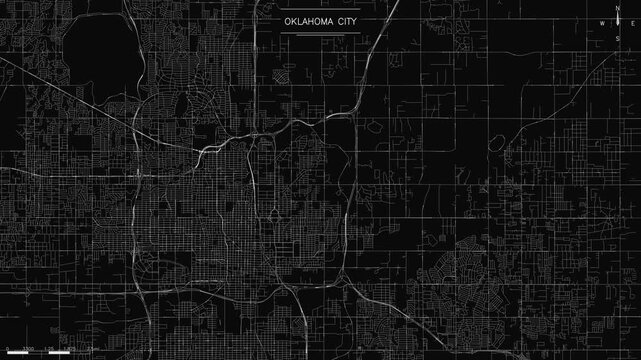 map of Oklahoma City highlights its intricate road network, ideal for modern urban planning or geographical presentations, loopable flowing lights representing traffic