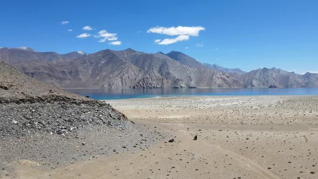 Traveller on bike passing through Pangong Tso surrounded by barren mountain landscape in Ladakh