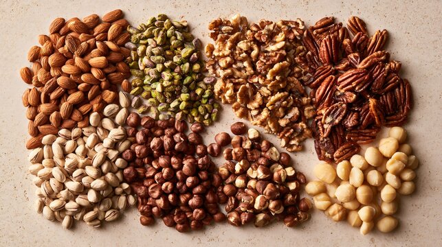 An autumn baking ingredients flat lay featuring roasted almonds, pistachios, walnuts, pecans, hazelnuts, and macadamia nuts arranged in separate curved formations across a pale sandstone surface