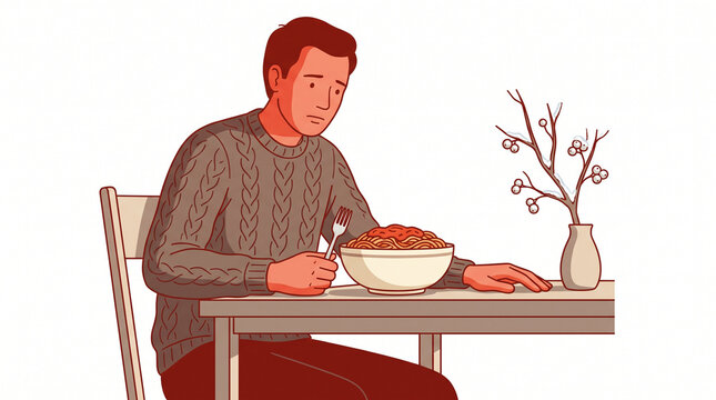 Man eating comfort food at table with sad expression  