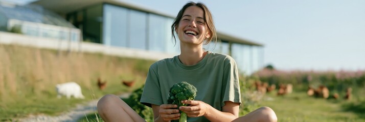 Fototapeta premium Happy woman holding fresh broccoli while seated in a grassy field near a greenhouse for organic produce background and farm to table lifestyle banner