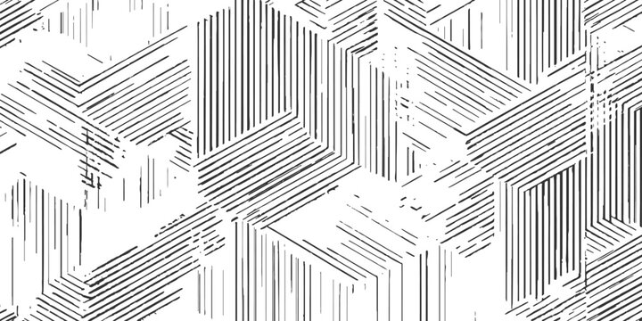 Abstract geometric seamless pattern with black and white hatched lines creating optical illusion 3D cubes vector illustration.